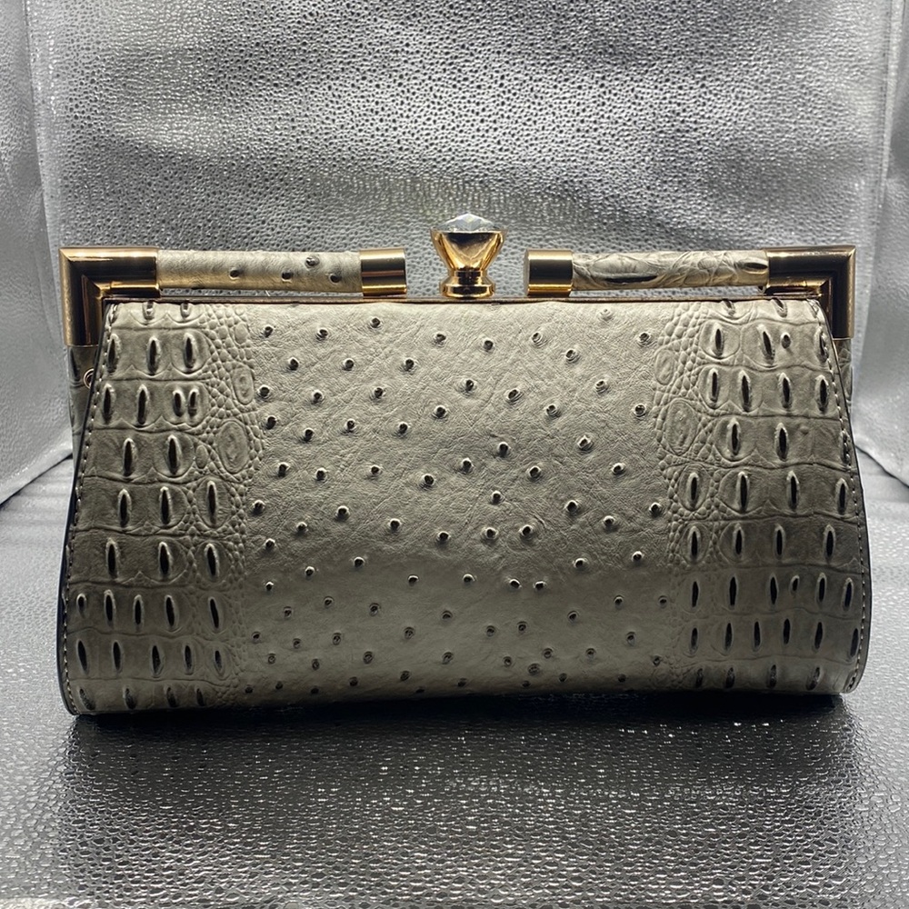 NWT Le Miel Vegan Leather Grey Ostrich & Gold Trim Clutch With Rhinestone Clasp